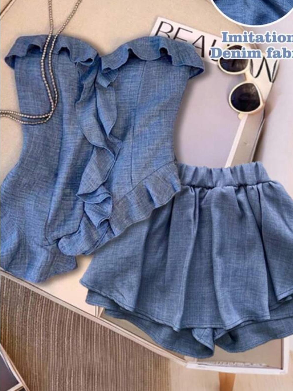 Ruffled Strapless Denim-Look Top & Matching Skort Set - Light Blue